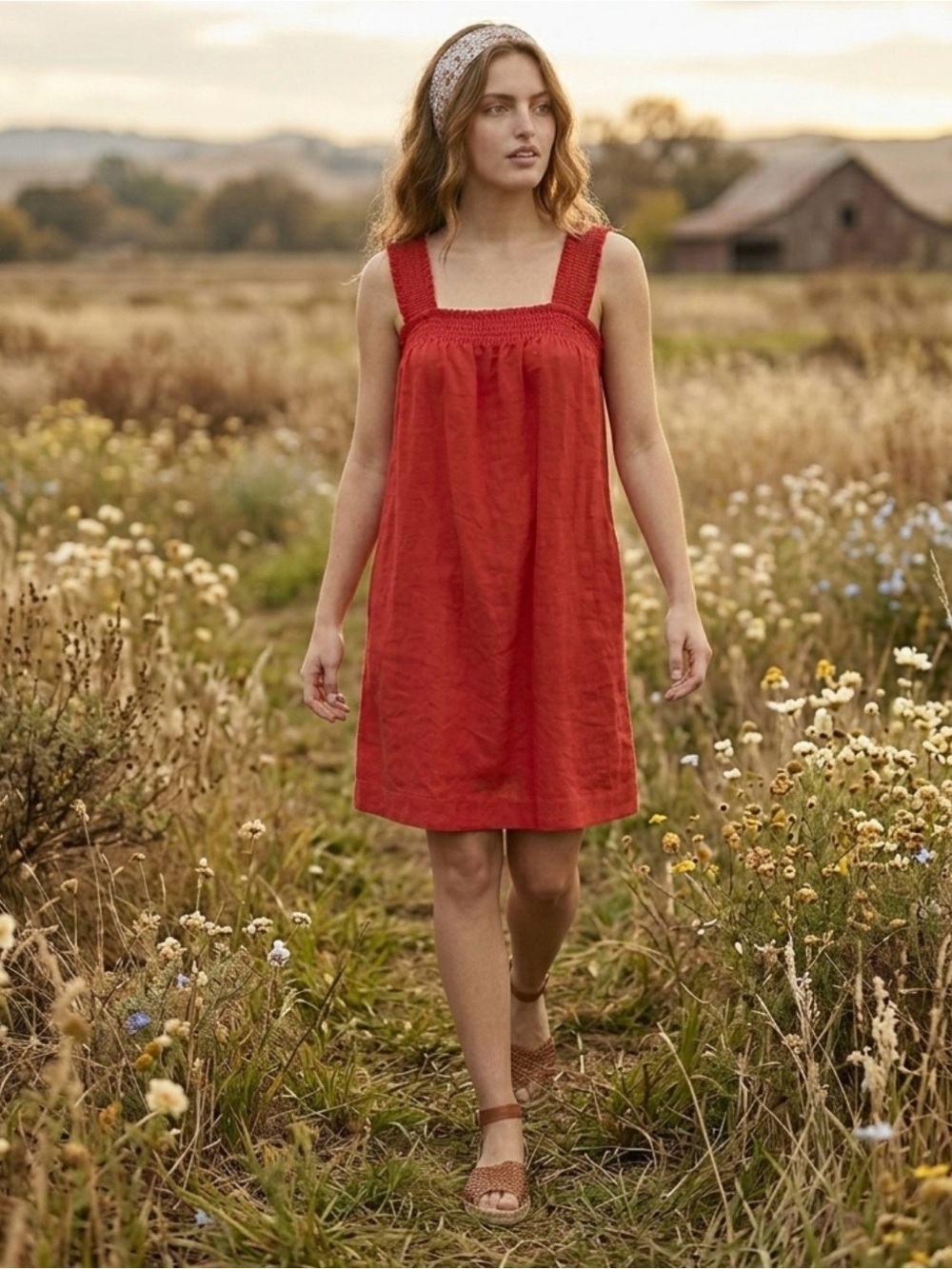 NWT Everlane The Smocked Mini Dress 100% Linen Goji Berry Red Small